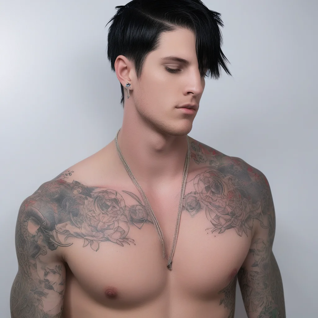 black hair, profile, navel, bathroom, multiple boys, blonde hair, animification, chest tattoo, jewelry