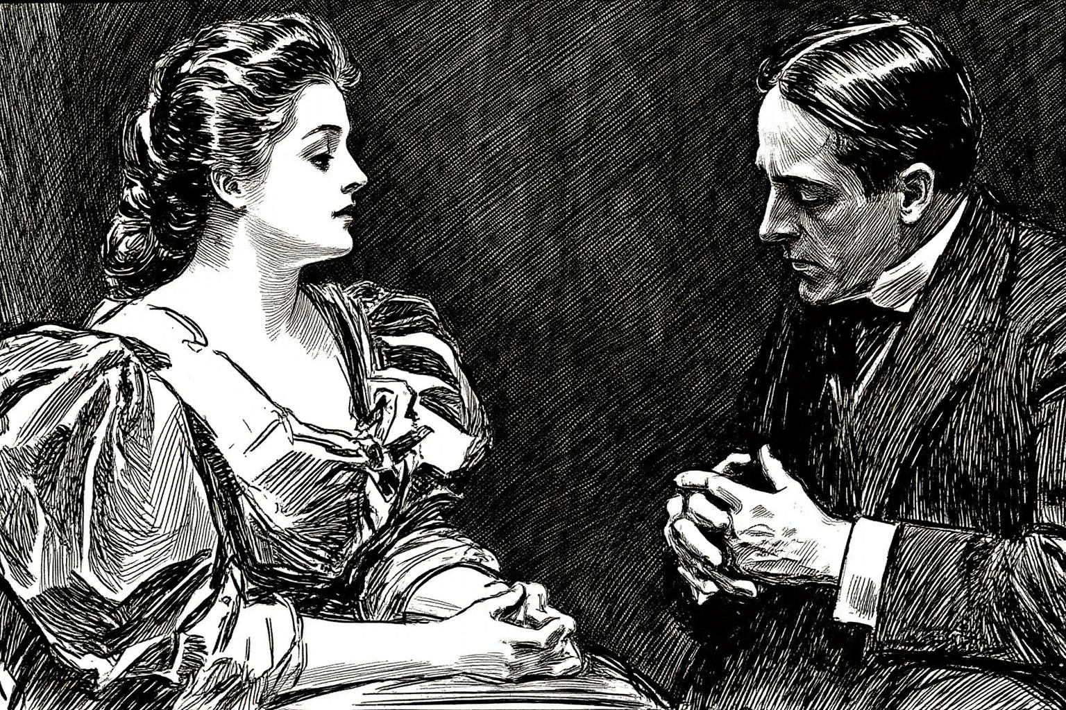 charlesdgibson1 illustration.
Close up of a woman and a man are engaged in conversation in a dark room. On the left, a woman with styled, wavy hair is seated, looking toward the right. On the right sits a man, shown in side profile view, with his hands on his cheeks, head slightly bent downward. He is looking at the woman. <lora:charlesdgibson1_cap_d8a4:1.0><lora:840183787649287155:0>