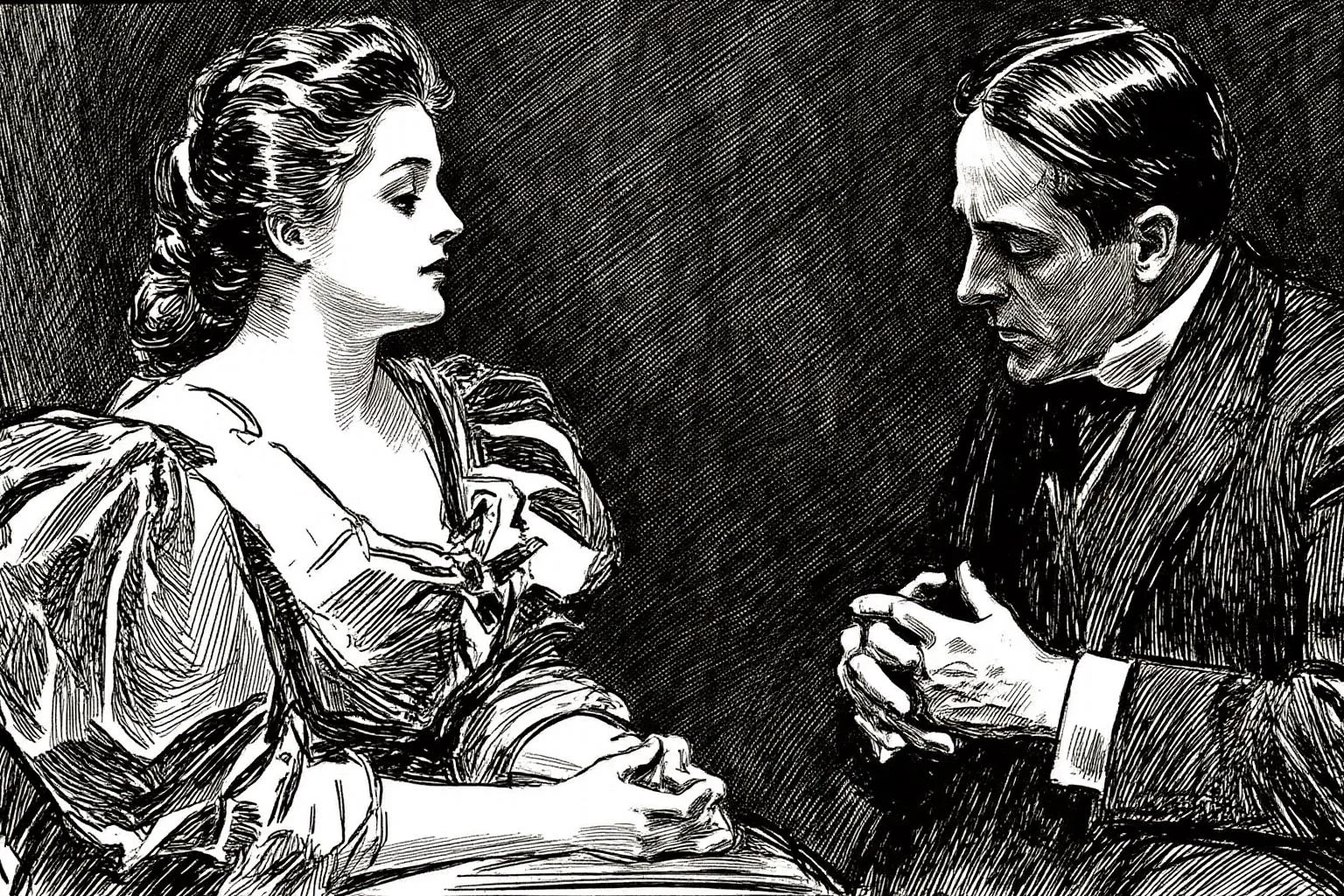 charlesdgibson1 illustration.
Close up of a woman and a man are engaged in conversation in a dark room. On the left, a woman with styled, wavy hair is seated, looking toward the right. On the right sits a man, shown in side profile view, with his hands on his cheeks, head slightly bent downward. He is looking at the woman. <lora:charlesdgibson1_cap_d8a4:1.0><lora:840183787649287155:0>