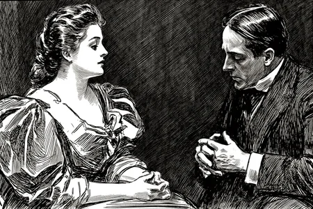 charlesdgibson1 illustration.
Close up of a woman and a man are engaged in conversation in a dark room. On the left, a woman with styled, wavy hair is seated, looking toward the right. On the right sits a man, shown in side profile view, with his hands on his cheeks, head slightly bent downward. He is looking at the woman. <lora:charlesdgibson1_cap_d8a4:1.0><lora:840183787649287155:0>