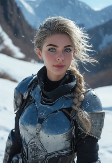 masterpiece,best quality, highly detailed, score_9, score_8_up, score_7_up,
Highly detailed photorealistic image, perfect lighting, intricate detail, beautiful and fierce female soldier, Scandinavian, pale blonde hair in a tight braid, icy blue cybernetic enhancements on face, sleek white and silver body armor with subtle blue accents, holding an advanced plasma rifle, standing on a snowy mountain with a futuristic military base in the background, faint aurora borealis in the sky, drones flying overhead, RAW photo, HD32K, upper body, looking boldly at the viewer, Swedish flag patch on armor
<lora:Dynamic Poses:1>
<lora:detailed_notrigger:1>
(((full clothed))), ((detailed random background))