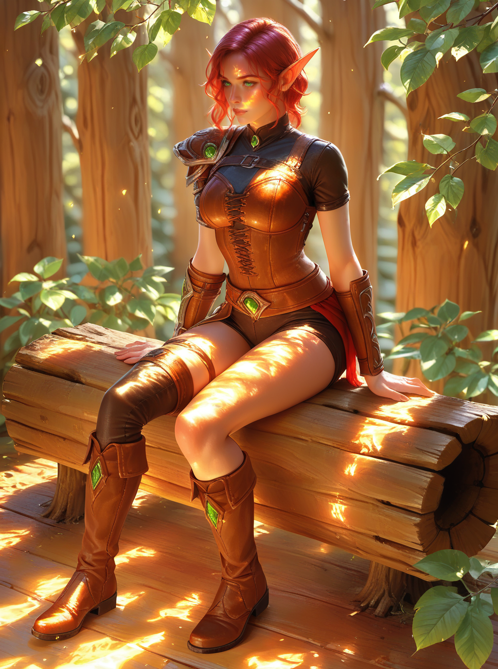 sref3915165969, beautiful elf ranger girl sitting on wooden log in the woods, full body, leather armor, short red hair, leafs particles, legwear, boots, short sleeves, bracers, asymmetrical clothes, solo <lora:sxz-sref3915165969:0.8> dappled sunlight