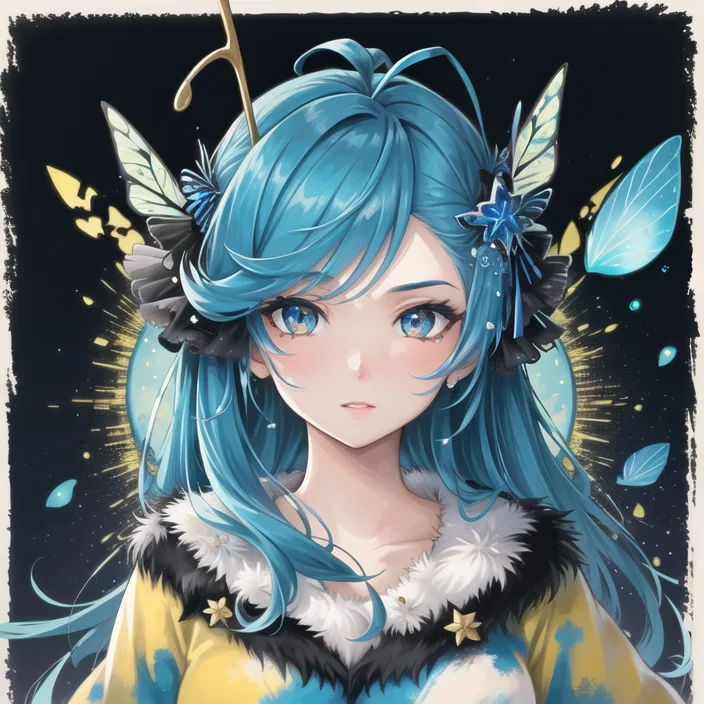 ((best quality)), ((highly detailed)), masterpiece, ((official art)), (detailed eyes, deep eyes), (1girl:1.33, solo), moth girl, fur, moth wings, antennae, <lora:abstractPortraits_v1:.75>, pxint, portrait, blue and yellow, droplets, flowing, with a splash of paint, paint splash, multicolored, sparkle, bubbles, (abstract)