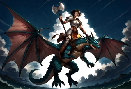 score_9,score_8_up,score_7_up,extreme detailed,zPDXL,sky,flying BREAK 1girl,
<lora:Pony_DetailV2.0:1> BREAK wyvern rider,wyvern,wings,dragon riding,dragon wings,armor,holding axe,<lora:wyvern rider-pony:0.8>,fighting stance,close-up,