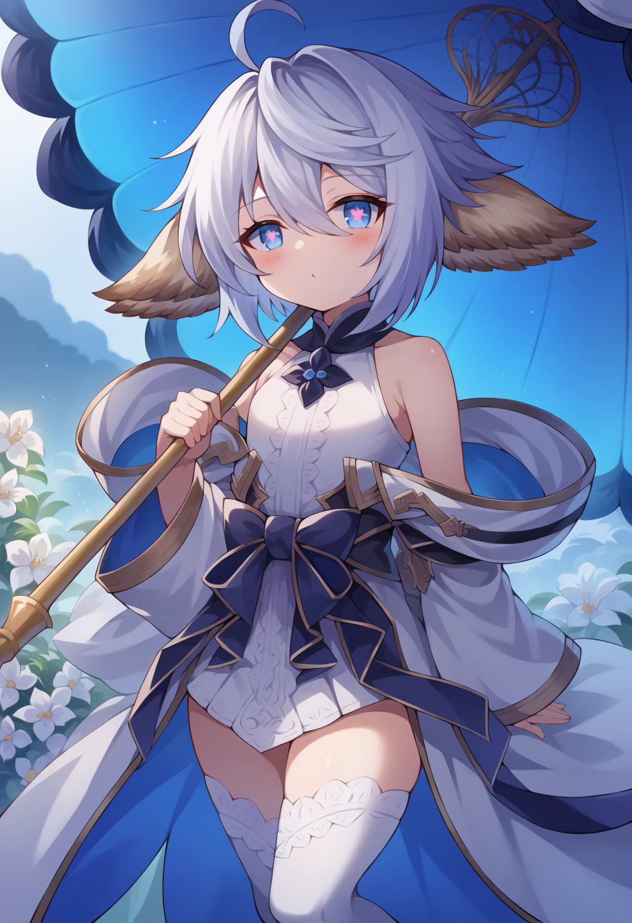 score_9, score_7_up, hd, (ultra hd quality details), source_anime, outdoors, umbrella, holding umbrella,
solo, 1girl, gbfwam, short hair, animal ears, ahoge, blue eyes, + +, flower-shaped pupils,
wamdef, white dress, bare shoulders, sleeveless, waist bow, open coat, gold trim, detached sleeves, wide sleeves, white thighhighs,
looking at viewer, blush,
standing,
<lora:_wamdus_gbf-elesico-ponyA:1>
