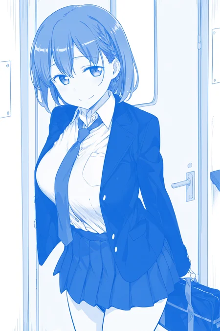 <lora:Ai-chan_Tawawa_on_Monday:.9>
blue theme, monochrome, official style,
Ai-chan (character), 1girl, solo, necktie, skirt, school uniform, breasts, smile, large breasts, short hair, jacket, school bag,
cowboy shot