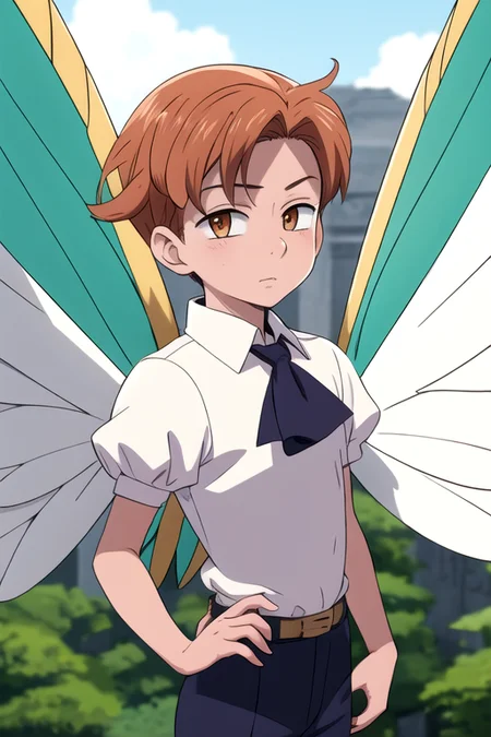 masterpiece, best quality, high quality, 1boy, solo, male focus, looking at viewer, , , <lora:king_nanatsu_no_taizai:0.70>, king_nanatsu_no_taizai, , wings, white wings, fairy, ascot,