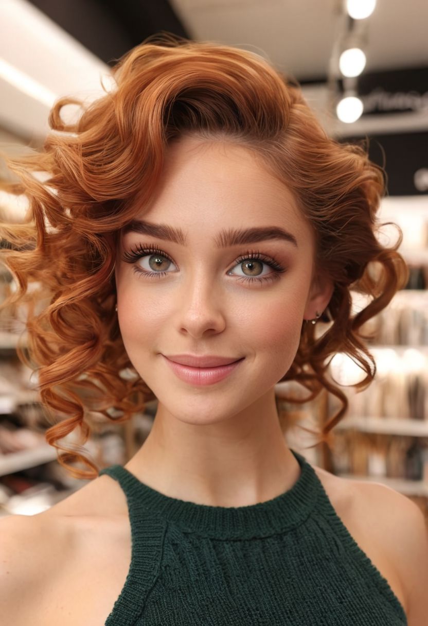 1girl, cute model, Long thick Maxi Skirt, Knit tube top, swept back hair, alluring smile, working at a clothing store, perfect eyes, highly detailed beautiful expressive eyes, detailed eyes, 35mm photograph, film, bokeh, professional, 4k, highly detailed dynamic lighting, photorealistic, 8k, raw, rich, intricate details, identical iris, curly auburn hair
