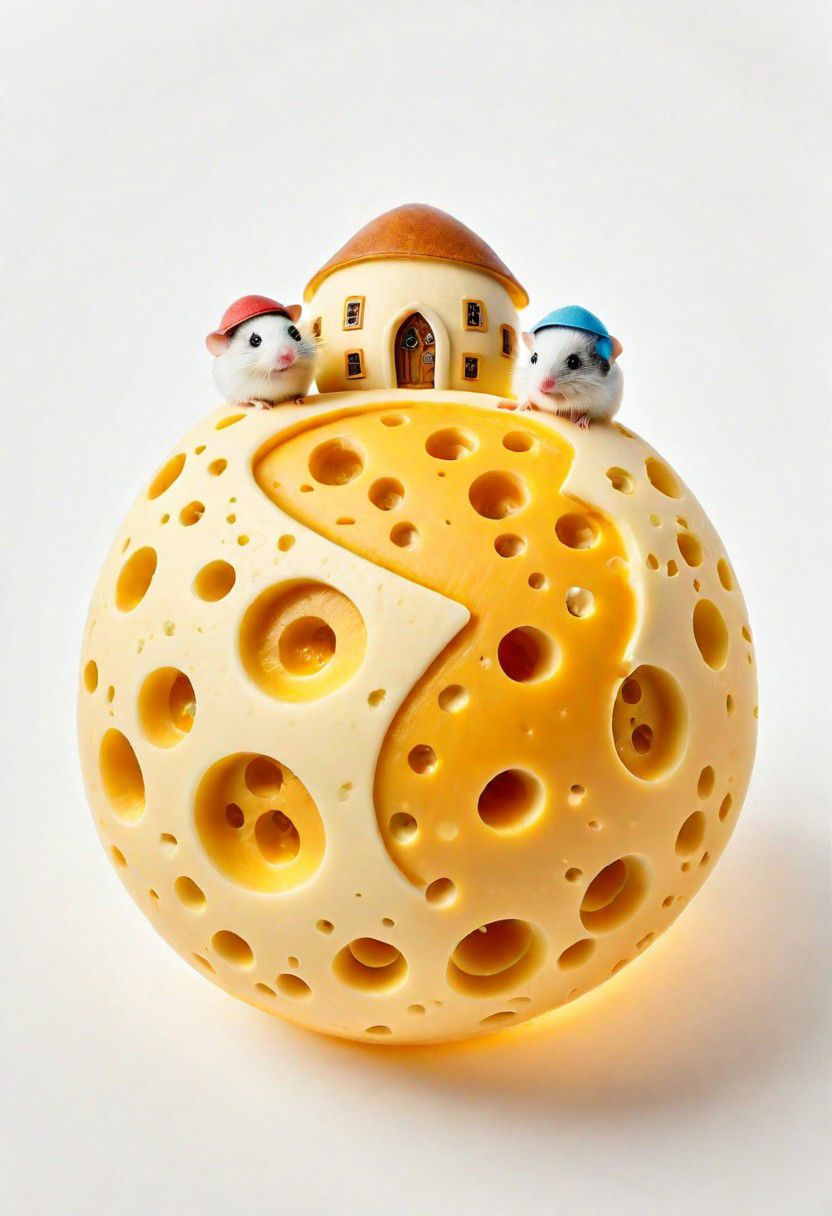 a small cheese planet floating in White space, edamer cheese with holes, little mice Houses on it
