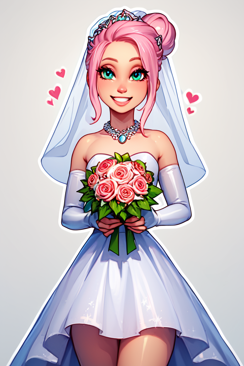score_9, score_8_up, score_8, medium breasts, (curvy), cute, eyelashes,       BREAK, , zzBrooklynn, pink hair, single hair bun,  <lora:Brooklynn_Jurassic_Park_PDXL_v2:0.7>, , BREAK, smile, looking at viewer,  bride, wedding dress, bridal veil, strapless dress, elbow gloves,  holding bouquet,  hearts, white outline, cowboy shot, embedding:zPDXL, Expressiveh,  <lora:CatalystStylePDXL:0.5>,  <lora:LFashionPDXL:1>,  <lora:Uncensored_PonyXL_cpt_v02.09:0.4>,  <lora:Expressive_H-000001:0.4>,