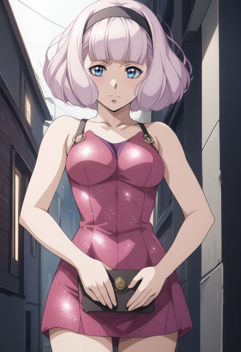 score_9, score_8_up, score_7_up, source_anime, lemrina vers envers, short hair, bangs, blue eyes, purple hair, hairband, blunt bangs, bob cut, short hair, black hairband, medium breasts,  anime screencap,,, (best quality) , (highly detailed) ,((masterpiece)), ((best quality)), (ultra-detailed), ((extremely detailed)), (high resolution), 4K, (8K), best quality, (beautiful), (dynamic lighting), (super detailed skin), , glitter dress, microdress, collarbone, sleeveless, hip vent, o-ring, clothing cutout, holding wallet, v arms, alley, night, standing, cowboy shot, looking down, embarrassed, detailed eyes、detailed face and detailed skin detailed eyes、detailed face and detailed skin