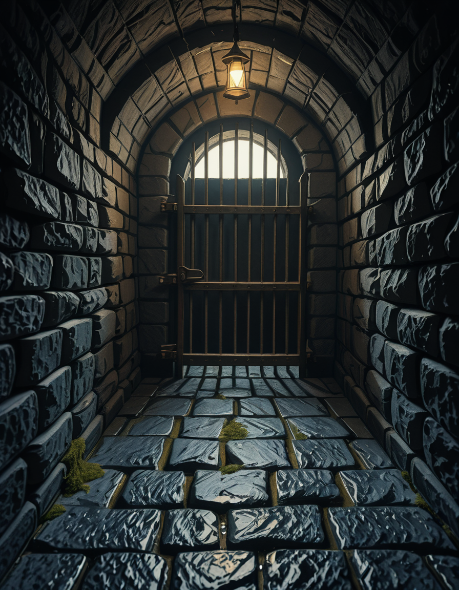 A highly detailed, hyper-realistic photograph of a dark medieval dungeon prison cell. The scene is dimly lit by a single flickering torch mounted on a damp stone wall, casting eerie shadows across the rough, moss-covered stones. Heavy, rusted iron bars form the cell door, slightly ajar, with visible corrosion and ancient padlocks. Inside the cell, there is a straw-covered floor, old wooden buckets, and a crude, splintered wooden bench against the back wall. Chains and manacles hang loosely from the walls, showing signs of long-term use. The atmosphere is cold, humid, and oppressive, with faint light rays piercing through tiny cracks in the stone ceiling. Cobwebs stretch across the corners of the cell, and faint water drips from above, creating small puddles. The overall mood is grim, desolate, and foreboding. Photorealistic style, with high dynamic range (HDR) lighting and extreme attention to textures like rust, moisture, and decay.
<lora:SDXLFaeTastic2400:0.4> <lora:extremely_detailed:0.4> extremely detailed,medieval dungeon pr1s0n c3ll <lora:medieval_dungeon_pr1s0n_c3ll-i:1>, Masterpiece,best quality,hi res,8k,hi res,8k,award winning,(sharp focus, intricate, highly detailed),
