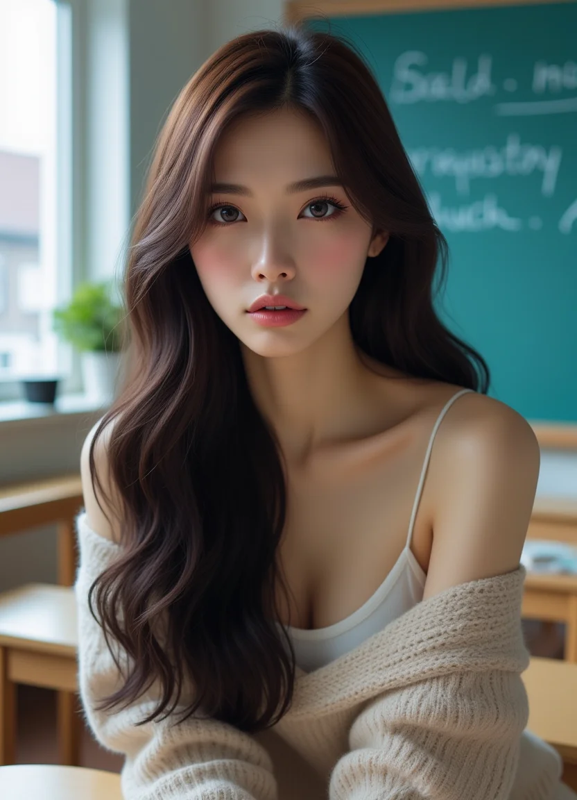 <lora:JenniferFluxV102:1.0>, Jennifer, Realistic photograph, Movie light, film grain, Against a soft, true gradient blue background, a stunning real large breasts Japanese woman with long, flowing dark hair, her piercing gaze directly addressing the viewer. sweater, cleavage, brown eyes, realistic, indoors, wooden floor, window, lips, chalkboard, leaning forward, off-shoulder sweater, bare shoulders