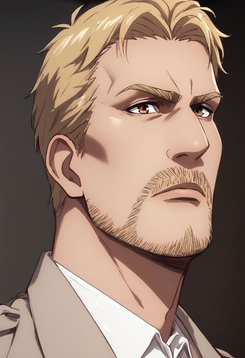score_9, score_8_up, score_7_up, solo male, Reiner Braun, blond hair, short hair, flat hair (facial hair, stubble:1.1), hazel eyes, thin eyebrows, tall, white collared shirt, light-brown trench coat, (open coat:1.1), military green pants, black combat boots,  handsome, charming, alluring, (portrait, close-up:1.2), upper body, perfect anatomy, perfect proportions, best quality, masterpiece, high_resolution, cowboy shot, photo background, (perfect face, perfect eyes:1.3)
