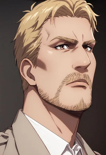score_9, score_8_up, score_7_up, solo male, Reiner Braun, blond hair, short hair, flat hair (facial hair, stubble:1.1), hazel eyes, thin eyebrows, tall, white collared shirt, light-brown trench coat, (open coat:1.1), military green pants, black combat boots,  handsome, charming, alluring, (portrait, close-up:1.2), upper body, perfect anatomy, perfect proportions, best quality, masterpiece, high_resolution, cowboy shot, photo background, (perfect face, perfect eyes:1.3)
