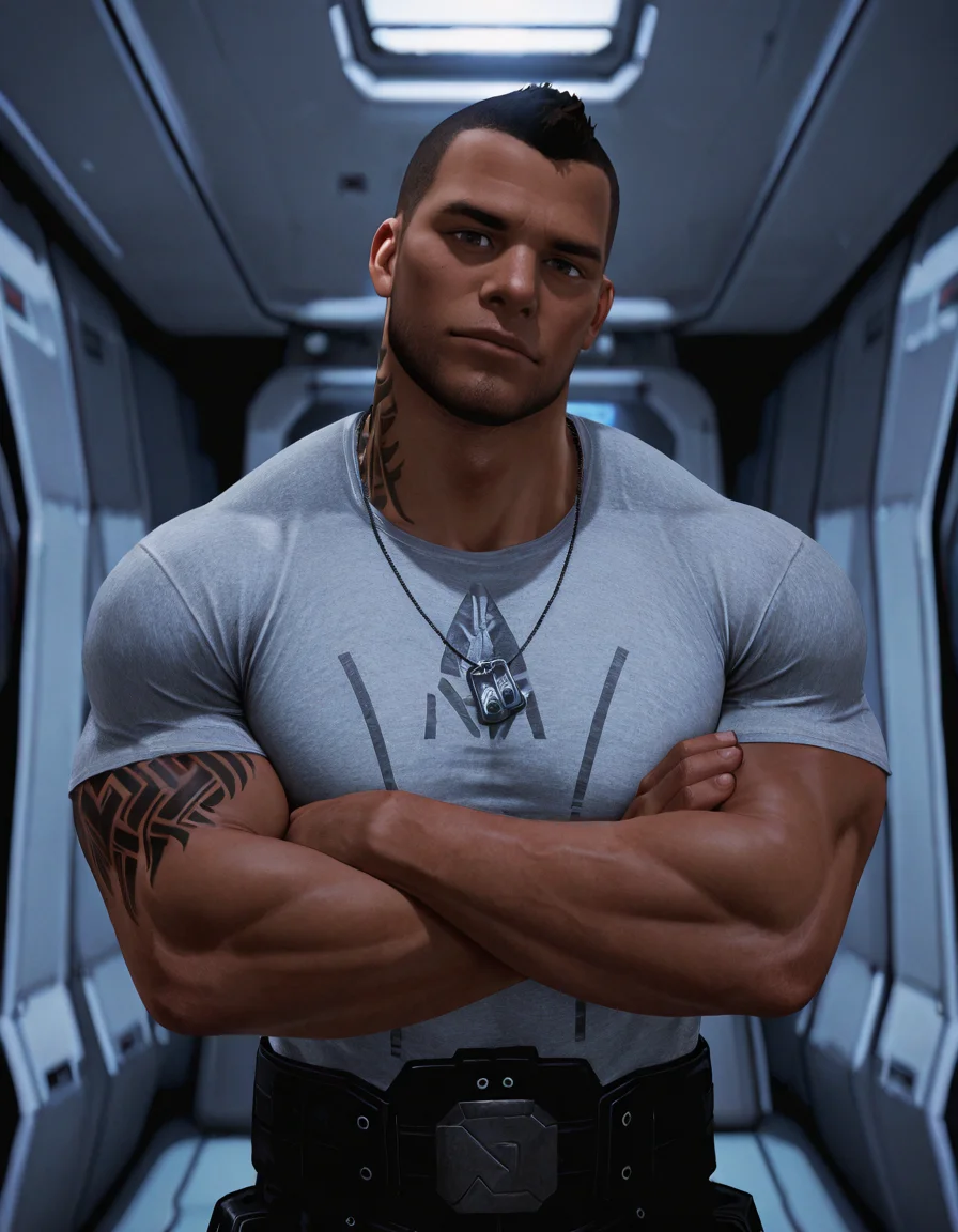 masterpiece, best quality, newest, perfect quality, best quality, detailed background, male focus, solo, realistic, <lora:Mass Effect - James Vega - Illustrious_1:0.7>, jvega, 1boy, brown hair, very short hair, dark skin, brown eyes, stubble, muscular, bara, dog tags, , looking at viewer, spacecraft interior, grey uniform shirt, t-shirt, uniform belt, uniform pants, uniform boots, crossed arms, head tilt, tattoo, upper body