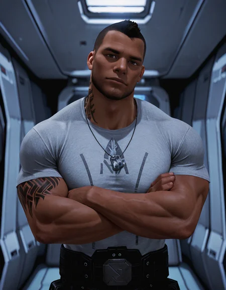 masterpiece, best quality, newest, perfect quality, best quality, detailed background, male focus, solo, realistic, <lora:Mass Effect - James Vega - Illustrious_1:0.7>, jvega, 1boy, brown hair, very short hair, dark skin, brown eyes, stubble, muscular, bara, dog tags, , looking at viewer, spacecraft interior, grey uniform shirt, t-shirt, uniform belt, uniform pants, uniform boots, crossed arms, head tilt, tattoo, upper body