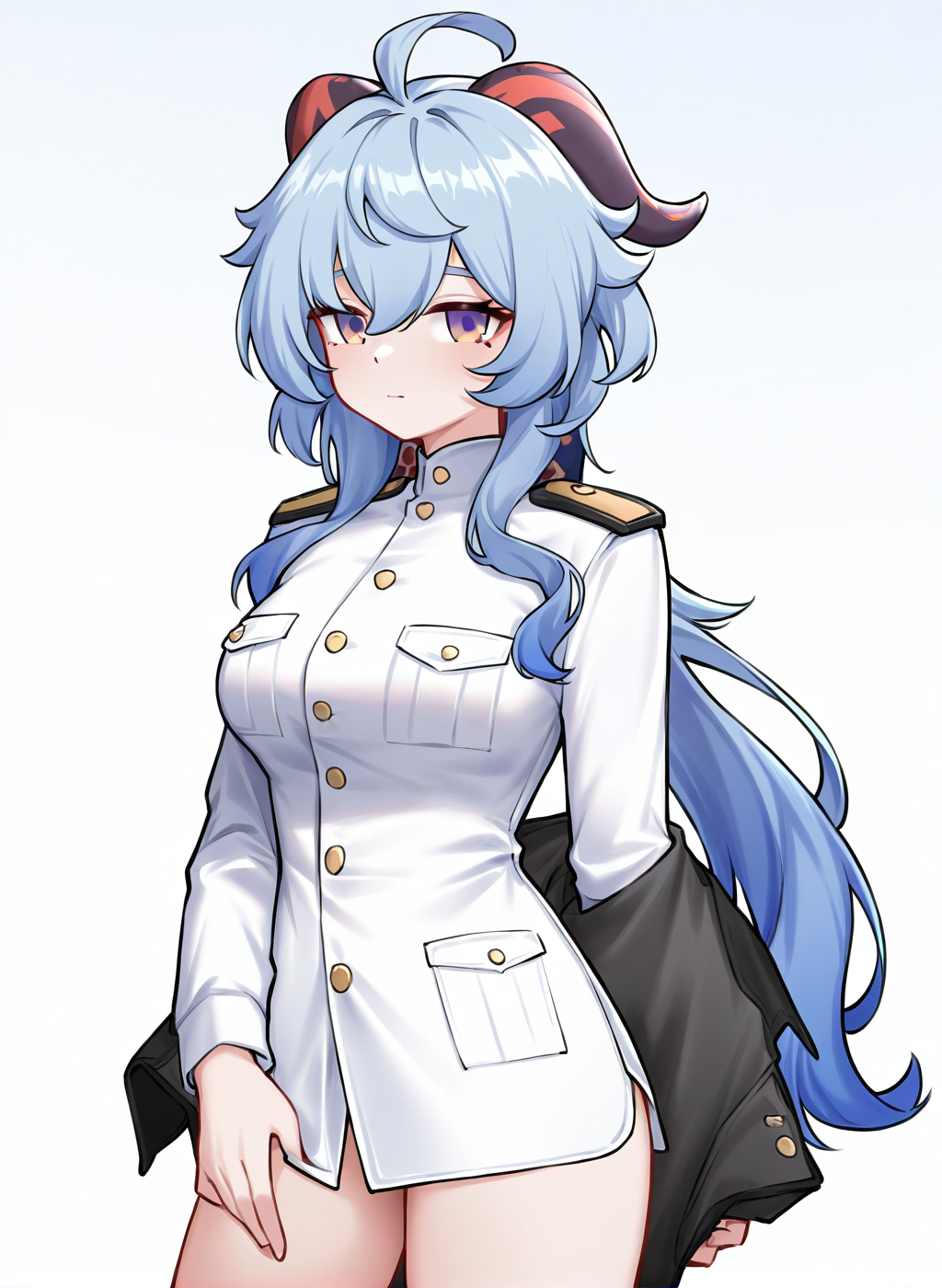 simple background,1girl,solo,white background,looking at viewer,ganyu \(genshin impact\),military uniform,<lora:AS-000020:1>,alternate costume,, masterpiece, best quality, very aesthetic, absurdres,newest, incredibly absurdres,