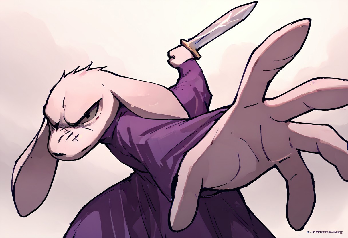 score_9, score_8_up, score_7_up, source_anime, 1boy, IncrsPunchMeme, incoming punch, <lora:PepePunchMeme_XLPD:1>, king, sword, scar, purple dress, long ears, furry, serious expression