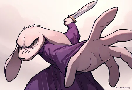 score_9, score_8_up, score_7_up, source_anime, 1boy, IncrsPunchMeme, incoming punch, <lora:PepePunchMeme_XLPD:1>, king, sword, scar, purple dress, long ears, furry, serious expression