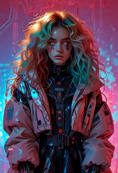 score_7_up, (score_9:1.1), (ugly:0.9),(pretty:1.4),1woman, adult, realistic, realism, hyper realistic, sparkling hair, floaty hair, wavy hair, (soft light coloured hair:1.3), (red iris, glowing iris, neon white pupils:1.3), looking at viewer, big hair, huge afro, zero gravity hair, detailed, perfect, perfection, hands, big scar across face,
BREAK,
((extra_puffy_jacket, black skirt, glossy lips, shiny skin)), full lips, hands behind back, (upper body:1.9),  blocky shape cybernetics, cybernetics, cybernetic skin, raised eyebrow, pale skin, ((snub nose:1.4)), breasts, (prominent abs:1.1), focus upper body,  sweating, 
BREAK,
(neon background, future slums, neon, cybernetic background, mist:1.3),(cybernetic mechanical arm, prosthesis:1.3),