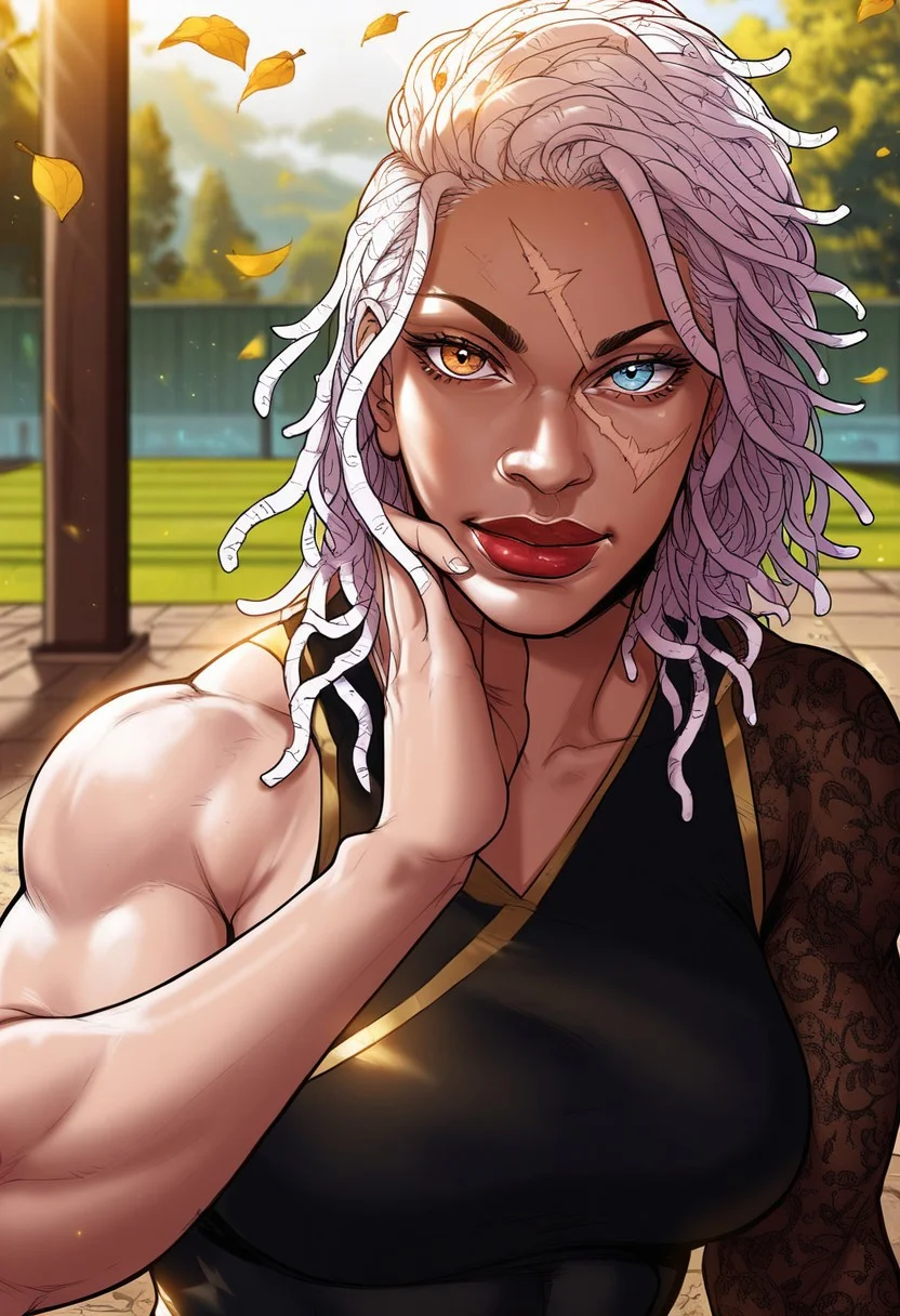 detailed face, detailed eyes, high resolution, intricate design, sharp edges, smooth, high detailed, god level, good proportions, detailed fingers, (masterpiece, best quality, ultra-detailed), (anime style, manhwa style:1.2)
...
(Andrea, 1girl, scar on face, scar across eye, white hair, dreadlocks. heterochromia, left orange eye, right blue eye, muscular female, black loin dress, single sleeve, jewelry, lipstick, high heels, thigh lace, huge thighs)
...
looking at viewer, sitting on ground, front view, close up, (mid-range shot, upper body, from thighs up:1.2), hand on thigh
...
score_10, score_9, score_8, 1girl, solo, alone, cinematic, sketch
...
outdoors, yard, dojo, dynamic lighting, wind, leaves, (soft lighting, dramatic shadows), (sharp focus), (cinematic lighting:1.3), ( mystical aura), ethereal light rays, warm glow, realistic shading