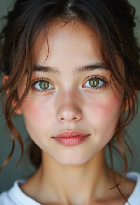 A stunning teenage girl with flawless model-like facial features, flawless light pale skin, a slight smile, youthful innocent charm, minimal makeup, and large captivating eyes. Her eyes are unnaturally large and colorful.