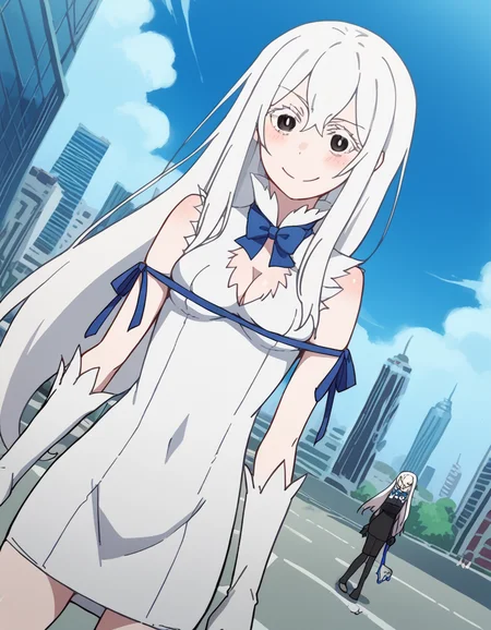 score_9, score_8_up, score_7_up, source_anime, <lora:rezero-echidna-s2-ponyxl-lora-nochekaiser:1>, echidna, colored eyelashes, white hair, hair between eyes, long hair, straight hair, black eyes, medium breasts,, <lora:hestia-cosplay-ponyxl-lora-nochekaiser:1>, hestiacosplay, hestia (danmachi) (cosplay), blue bow, blue bowtie, bow, bowtie, cleavage, cleavage cutout, clothing cutout, dress, gloves, pencil dress, rei no himo, short dress, white dress, white gloves, blue ribbon, arm ribbon,, outdoors, cityscape, street, smile, blush, , cowboy shot, dutch angle