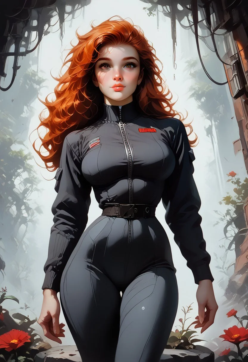 score_9, score_8_up, score_7_up, realistic, a woman, solo,
armored tactical military suit, fallout style, unzipping, muscular woman, abs, narrow waist,
cute perfect face, nerdy, slicked long ginger hair, very pretty, intricate, large breasts, perfect breasts, hips, thin, dynamic angle, braless, cinematic angle, black colored flowers,
leaning backwards,
thick thighs, thick lips, sexy posing, horny, looking at viewer, boris valejjo, retro,