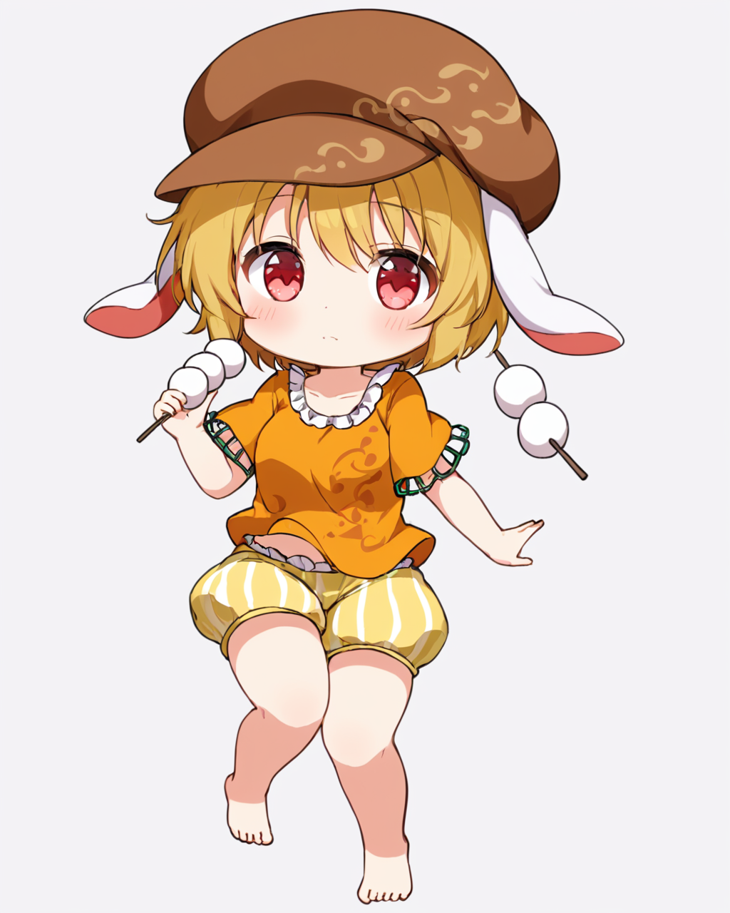 ringo \(touhou\),1girl, solo, barefoot, dango, chibi, short_sleeves, brown_headwear, yellow_shorts, looking_at_viewer, orange_shirt, eating, blush, indian_style, striped_shorts, flat_cap, heart, holding_food, full_body, cabbie_hat, white_background, frilled_shorts, crossed_legs
<lora:ringo_(touhou)_image967_2023-12-20-000015:1>,star-shaped_pupils,symbol-shaped_pupils,. gorgeous,key visual, vibrant, studio anime,award-winning, professional, highly detailed,high budget, cinemascope