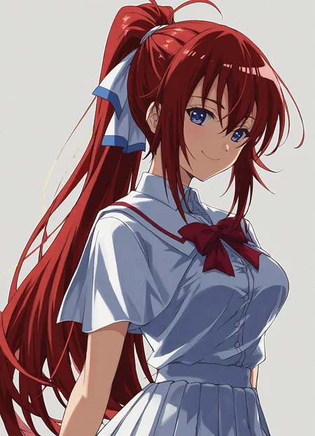 score_9, score_8_up, score_7_up, masterpiece, best quality, absurdres, official art, official style, anime screencap, megami magazine, zPDXL2, zPDXLxxx, <lora:Shiratori Mikoto (In'youchuu Chiroku ver) Pony v1_epoch_10:0.7>, 1girl, solo focus, shiratori_mikoto, large breasts, BREAK, (blue eyes:1.1), BREAK, red hair, long hair, ponytail, sidelocks, bangs, BREAK, hair ribbon, white ribbon with blueline, BREAK, school uniform, capelet, white jacket with black sideline, BREAK, red ribbon, BREAK, white skirt with black lining, pleated skirt, BREAK, <lora:neg4all_bdsqlsz_xl_V91:1.0> <lora:ALTXL_pony_0061_8:2.0>, <lora:detailed_hands-000002:1>, hand closed eyes, smile, (simple background, white background:1.2),