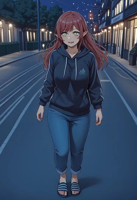 score_9, score_8_up, score_7_up, perfect eyes, partially illuminated, animification, Anime_source,  depth of field, (Masterpiece), Sono Bisque Doll wa Koi wo Suru - Marin Kitagawa, extremely detailed, legs, large breast, green eyes, perfect eyes, high resolution, sharp detail, dark red hairs, redhair, dark red hair, 1girl, fangs, sexy, long hair, pointy ears, good hands, anatomically correct, best quality, masterpiece, highly detailed face, highly detailed eyes, natural breasts, mature woman, correct anatomy, feet, perfect feet, perfect toes, jersey trousers, adilette sandals, blue adilette sandals, black hoodie, worried, looking at another, solo focus, ultra detailed eyes, full body, running in a Tokyo street, Tokyo night, night, ultra hd, highest score, 
BREAK, 
very colorful, (intense angle: 1.3), cowboy shot, dutch angle, <lora:minami-nanami-s1-ponyxl-lora-nochekaiser:0.6>