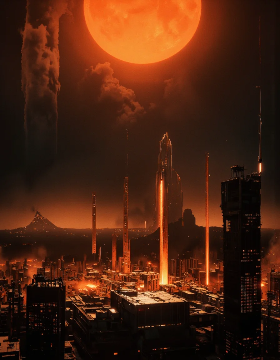 . A digital illustration shoot from a low-angle perspective about a post-apocalyptic cityscape during sunset, featuring a dark, smoky atmosphere with a large, glowing orange sky and distant buildings. the image also shows a distant cityscape with tall buildings, silhouetted against the warm, orange hues of the sky. in the center of the image, a futuristic cityscape appears to be bathed in a warm, golden light, with several beams of light emanating from the buildings, creating a dramatic contrast. the cityscape is filled with tall, charred structures, and the overall atmosphere is dark and desolate, with a sense of destruction and chaos.
