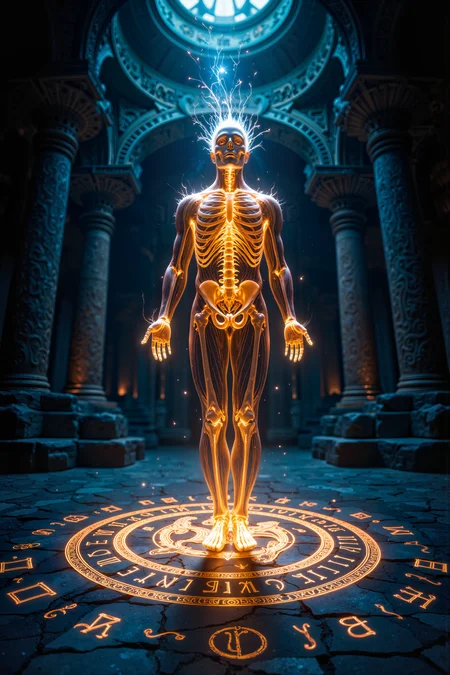 A hyper-realistic portrait, photorealistic photo close-up image of Inside an ancient temple, a being of living anatomy stands in the center of a large, glowing rune etched into the stone floor. His body, stripped of skin and muscle, reveals only the luminous, skeletal framework and the intricate flow of energy that circulates like blood through his veins. Surrounding him, symbols carved into the stone walls pulse with a faint golden glow, seemingly in sync with the rhythm of his heartbeat. The bones of his ribcage expand and contract as his lungs draw in breath, despite the absence of flesh. From his skull, faint tendrils of glowing light drift out, mimicking the movement of hair in a breeze. The air in the temple is thick with a sense of ancient power, as though this living anatomy is not merely a medical curiosity, but a sacred being. The cool, blue light from above filters down through the cracks in the temple roof, casting long shadows on the ground and giving the figure an almost divine aura. The living anatomy seems frozen in time, a perfect balance between death and life, science and spirituality. (photography, high-resolution, dynamic, energetic,hyper-realistic, dramatic lighting, shallow depth of field.), detailmaximizer, MythP0rt<lora:midjourney_whisper_flux_lora_v01:0.55><lora:aidmaMJ6.1-FLUX-V0.1:0.4><lora:FluxMythP0rtr4itStyle:0.4><lora:detailed_flux_ntc:2.2><lora:aidmaImageUpgrader-FLUX-V0.1:0.65>