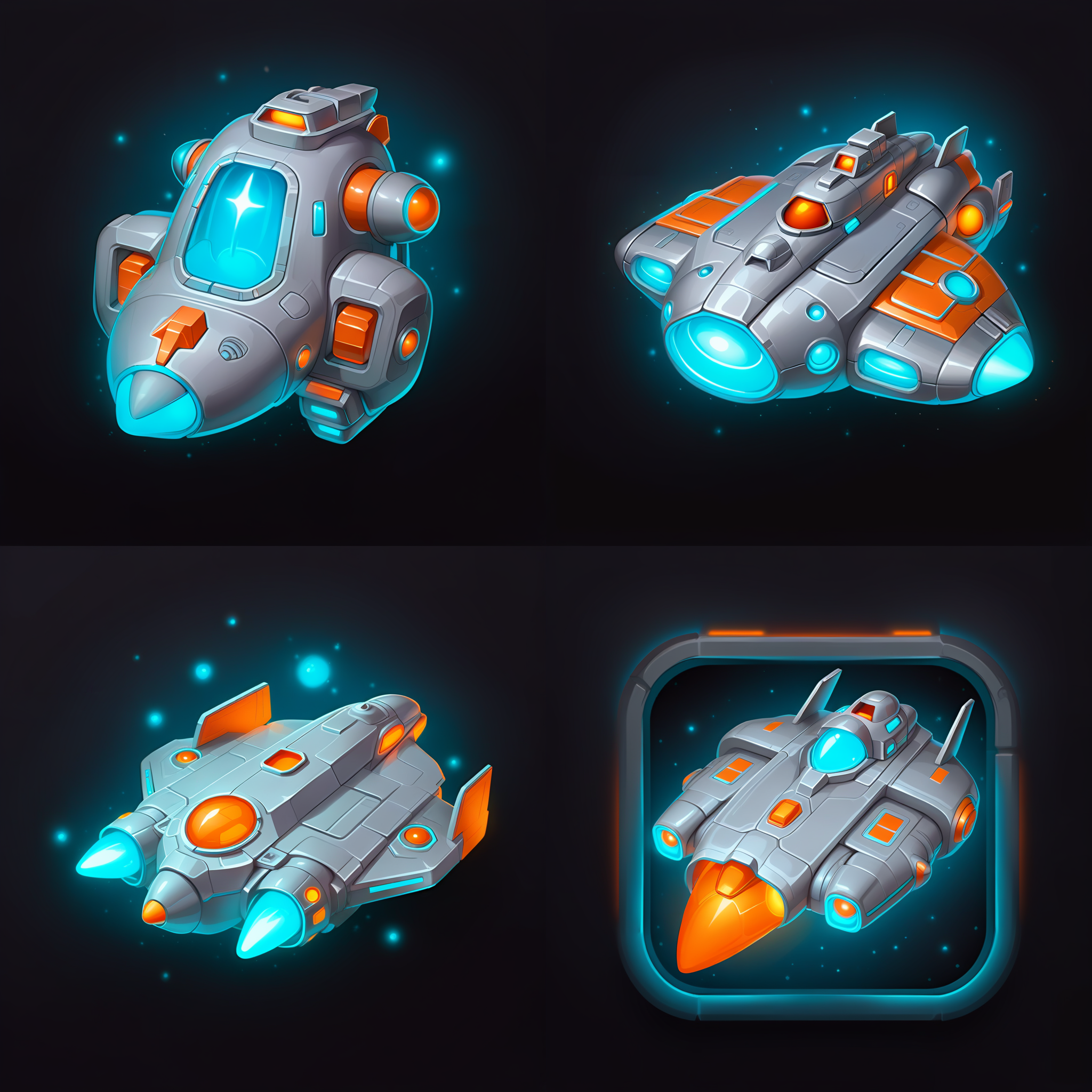 icon of grey and orange spaceship, cyan glow, squared border, dark background, <lora:sxz-2dicons-v2-sdxl:0.8>