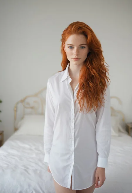 80sc1nemat1c5tyle. portrait, solo, a shy cute female with fair skin, freckles, green eyes, (looking at viewer), and long vibrant red hair, facing the viewer, wearing a large long-sleeved white buttoned shirt, posing in her white bedroom in a sexy pose.
BREAK
cinematic, 8k, photorealistic, high quality, tungsten lighting,