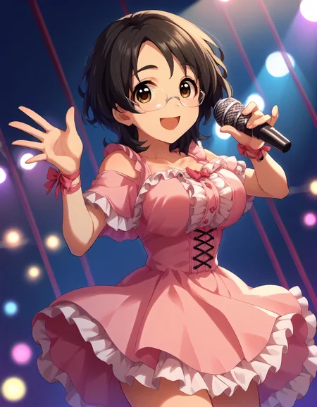 score_9,score_8_up,score_7_up,1girl,solo,cowboy shot,looking at viewer,smile,open mouth,holding microphone,stage lights,
<lora:asanofuuka_ponyXLV6:0.8>,cgaf,
black hair,medium hair,brown eyes,rimless eyewear,large breasts,
pink dress,frills