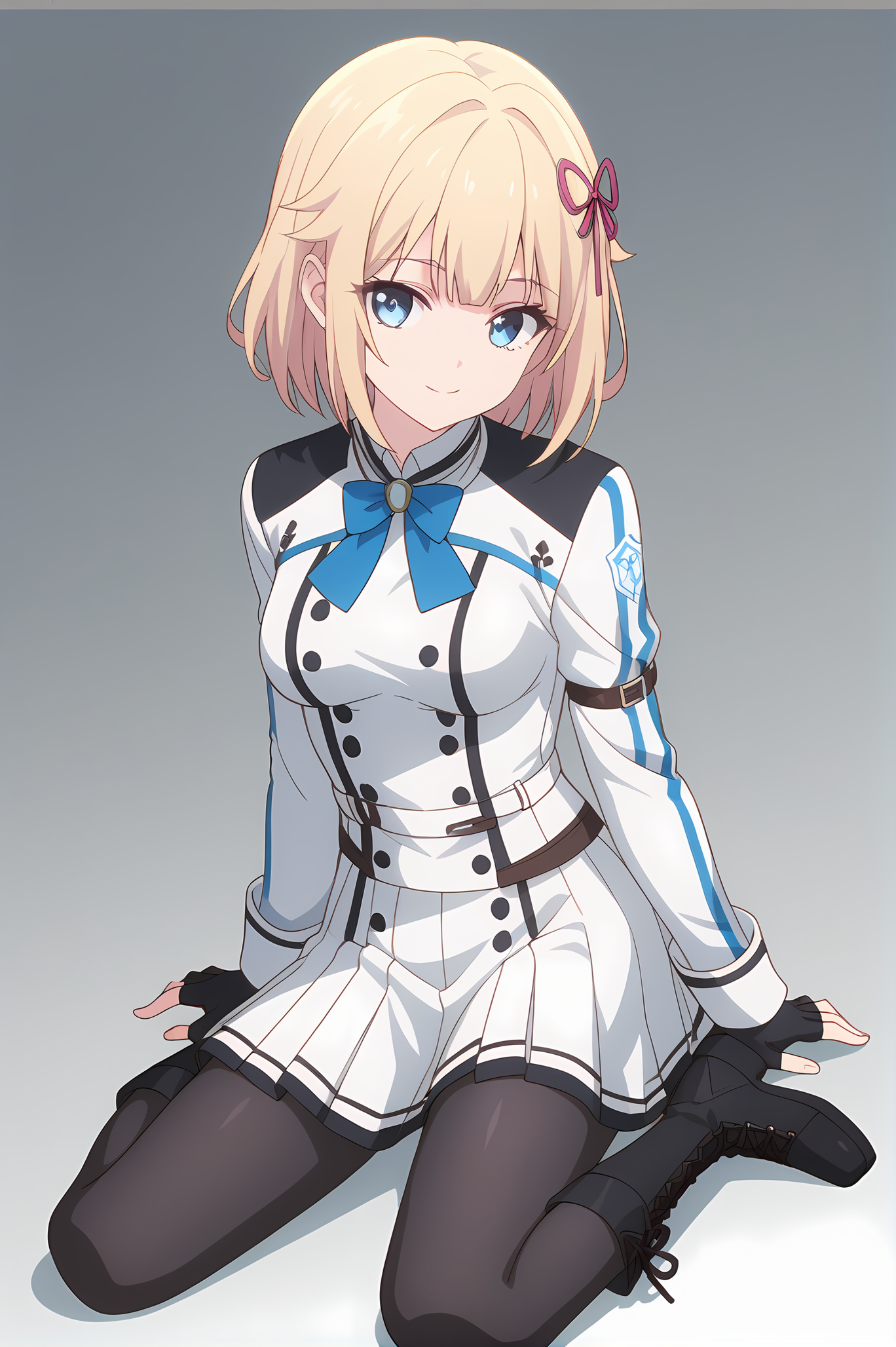 (white jacket white skirt black pantyhose fingerless gloves black boots:1.20), gg-pearl, blonde hair, blue eyes, medium hair, hair ornament, medium breasts, 1girl, solo, skinny, score_9, score_8_up, score_8, score_7_up, score_7, score_6_up, score_6, score_5_up, score_5, source_anime, light smile, , (1.3::full body|0.2::sitting|0.4::standing|0.2::lying|straight-on|0.5::close-up|0.1::silent comic|0.1::multiple views:1.20), feet, <lora:gg-pearl-V01-000003:0.70>