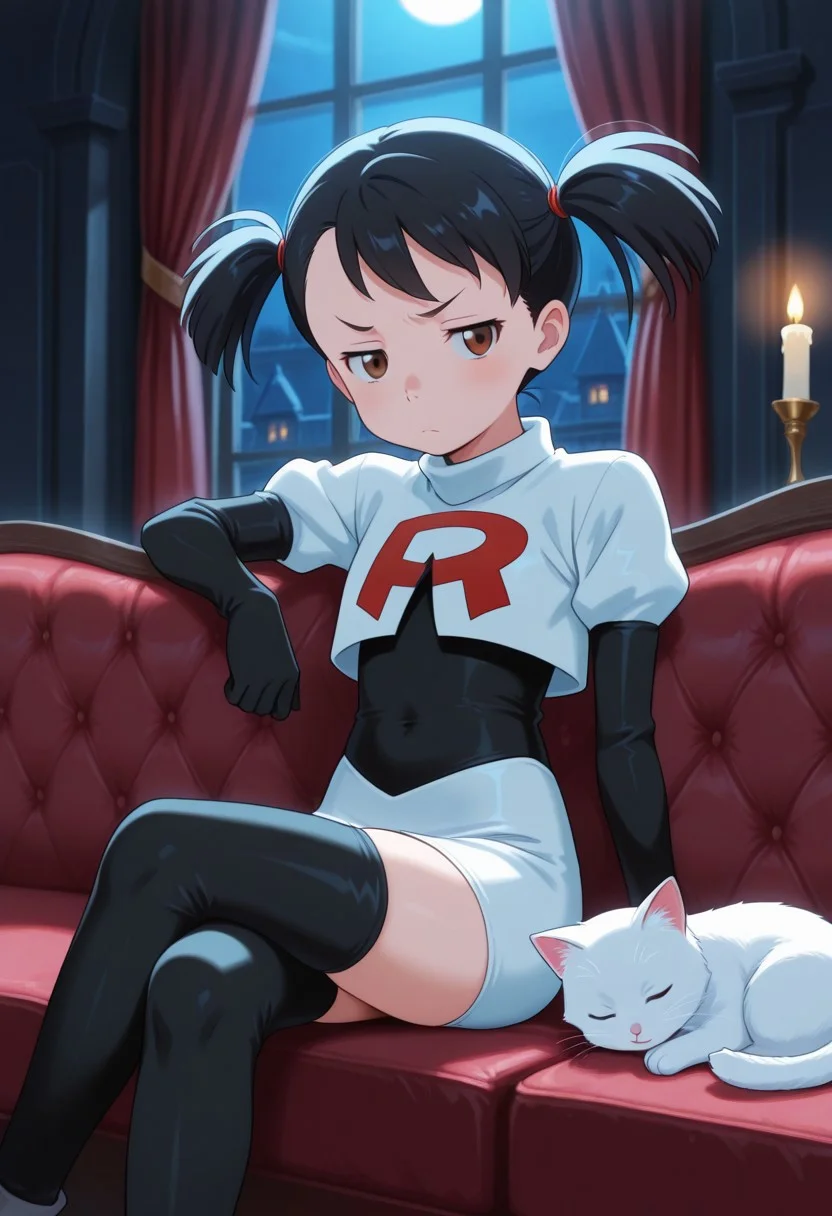 masterpiece, best quality, amazing quality, cinematic lighting, gradient colors, raytracing anime style,high detail, dramatic angle, dramatic light,
BREAK,
1girl, solo, c7ilf, miyamizu_yotsuha,skindentation, flat chest, black hair, brown eyes, twintails, messy hair, short_hair,
Cosplay_TeamRocket, team rocket uniform, white jacket, cropped jacket, white skirt, elbow gloves, black thighhighs, zettai ryouiki,
lounging on couch, head tilted up, looking at viewer, tsundere, confident eyes, closed mouth, crossed legs,
(white cat, sleeping, on ground,)
BREAK,
indoors, manor, dark place, dark red couch, black carpet, red opened curtains, night, detailed background, moonlight, large windows, candlestick, light rays, buildings, depth of field, close-up, front view, low angle