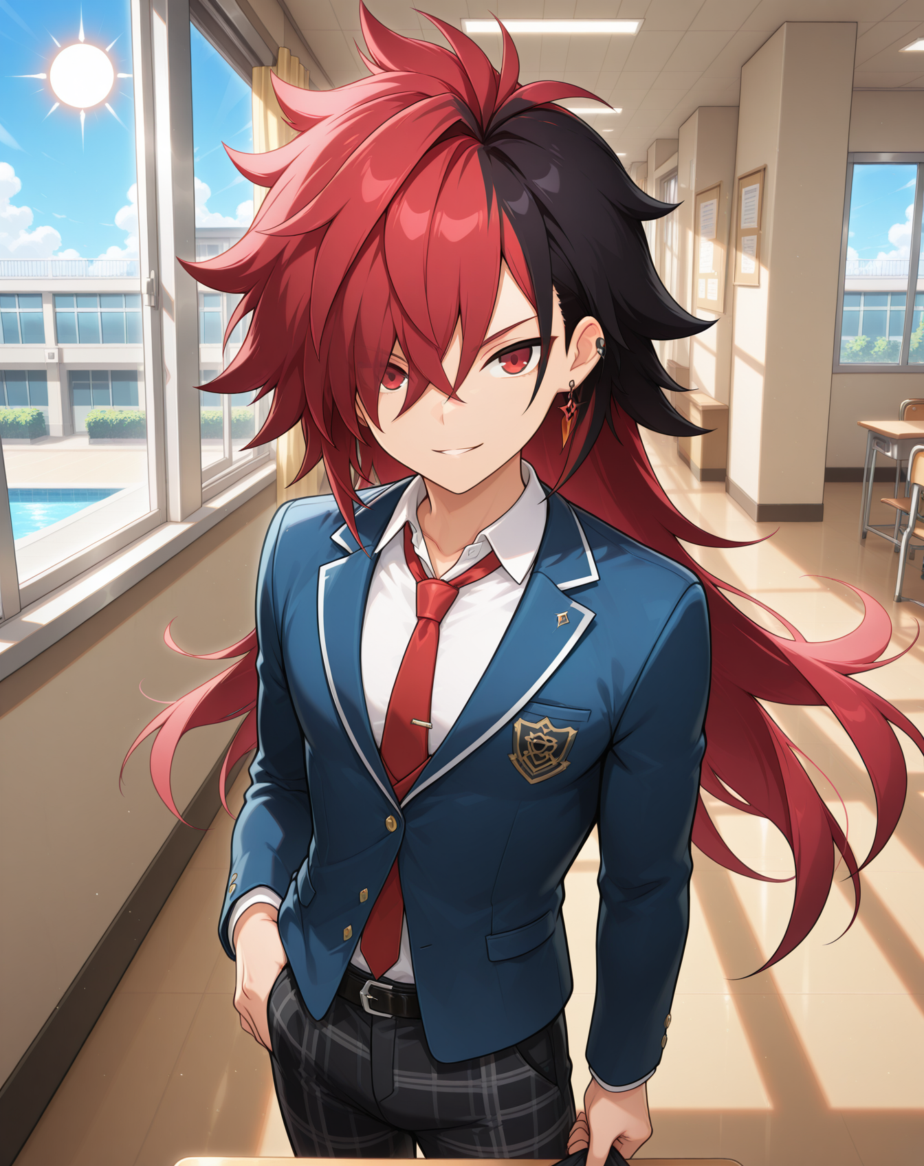 masterpiece,best quality,amazing quality, newest, very aesthetic, absurdres,
1boy, solo, yaoi, male focus, looking at viewer, cowboy shot,
<lora:Elsword_Immortal_ilxl:1> elswordim, red eyes, multicolored hair, red hair, two-tone hair, black hair, long hair, streaked hair, hair over one eye,
school uniform, white shirt, collared shirt, blue jacket, red necktie, black pants, plaid pants,
indoors, school, hallway, window, day, sun,
