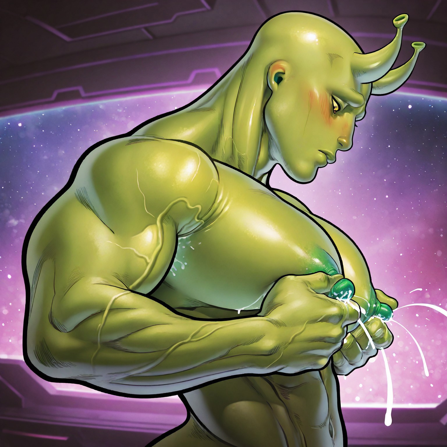 masterpiece, best quality, absurdres, newest, perfect quality, best quality, absolutely eye-catching, detailed background, intricate details, bara, 1boy, male, male focus, alien, green skin, no hair, bald, hairless, antennae, black sclerae, yellow eyes, bara, muscular, large pectorals, large biceps, spaceship scenery, upper body, looking down, side view, blush, holding chest, hands on chest, grabbing chest, squeezing chest, nipples, large nipples, nipple lactation, very awa, best quality, absurdres, newest, perfect quality, detailed background, intricate details, (artist:rokudenashi:0.8), (artist:dizdoodz:0.7), (artist:gomtang:0.6)