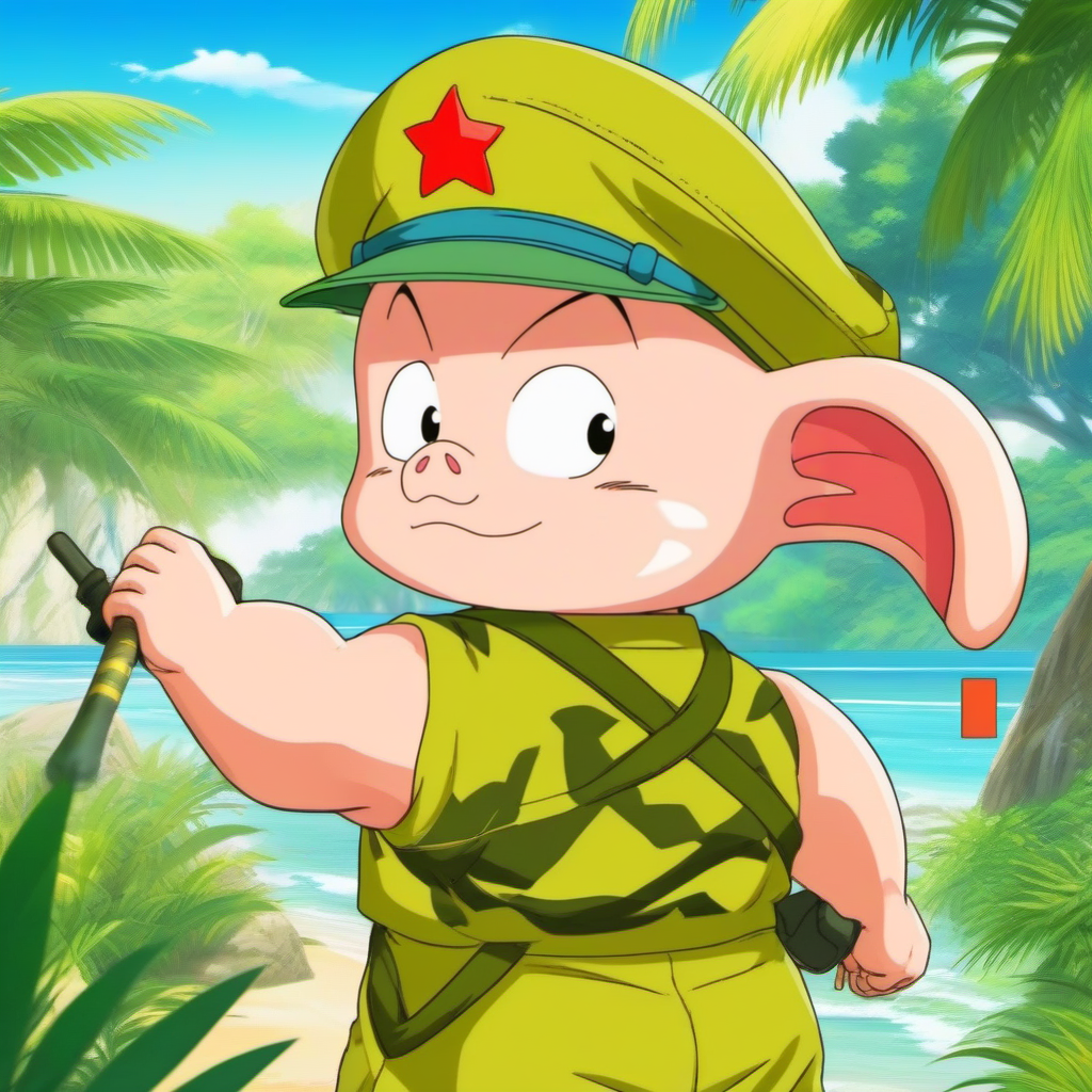anime artwork Oolong wears a chinese military unifor, beach, jungle <lora:Oolong1024-v2:0.8> . anime style, key visual, vibrant, studio anime,  highly detailed