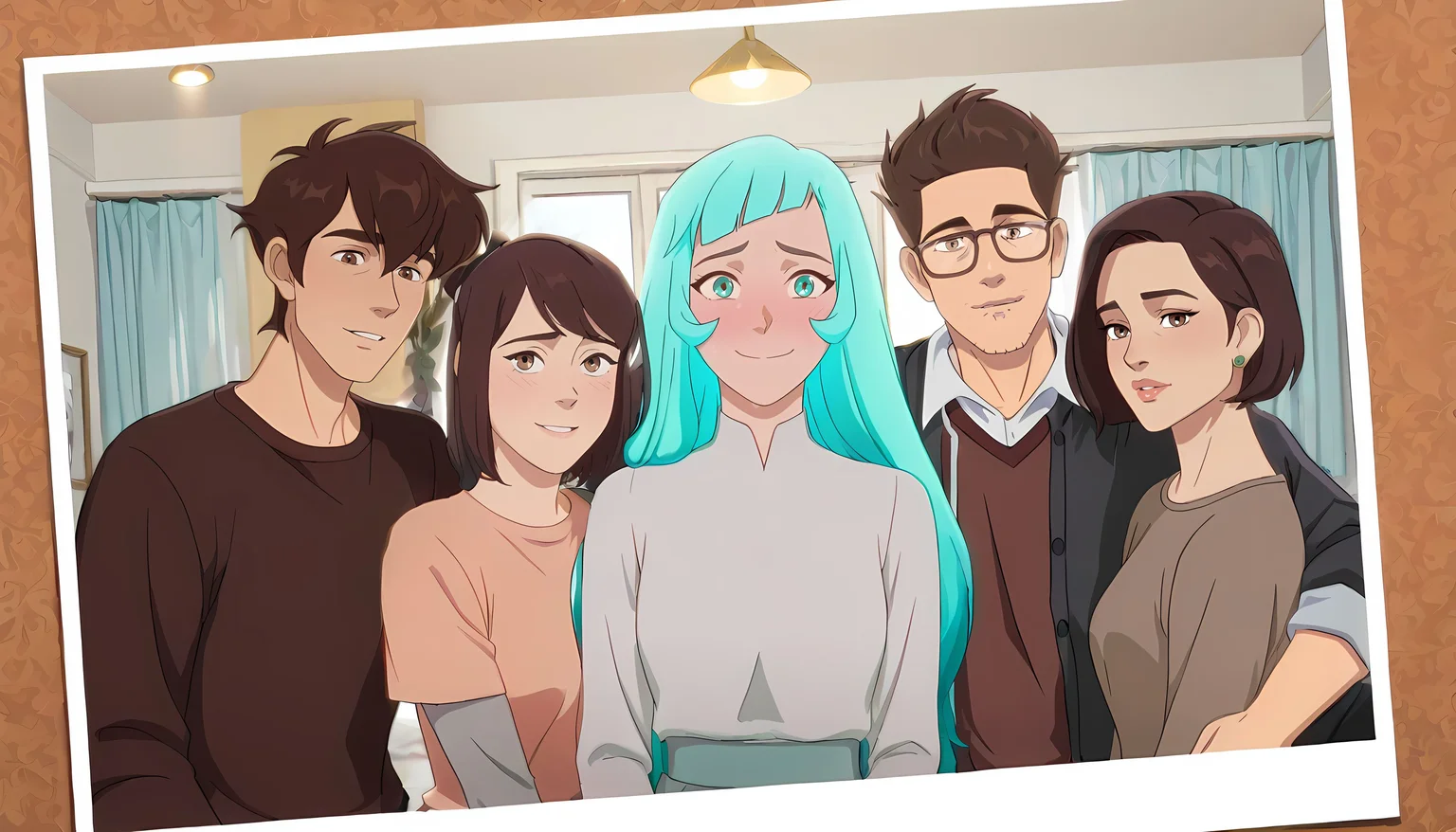 ((Masterpiece, Ultra Detail, Best Quality, Anatomically Correct)) 
Family Photo, all next together, looking at POV  
<lora:Caspian_Keyes:1> C4sp14n, 1boy, male focus, short hair, brown hair, brown eyes, thick eyebrows 
<lora:Maddie_Kim:1> M4dd13K1m, 1girl, short hair, brown hair, brown eyes, short ponytail 
<lora:Mist_Pantheon:1> M1st, 1girl, aqua eyes, aqua hair, long hair, bangs
<lora:David_Kim:1> D4v1dK1m, 1boy, male focus, glasses, short hair, brown hair, brown eyes, facial hair, stubble 
<lora:Ellen_Kim:1> Ell3nK1m, 1girl, short hair, brown hair, brown eyes, lips, green earrings