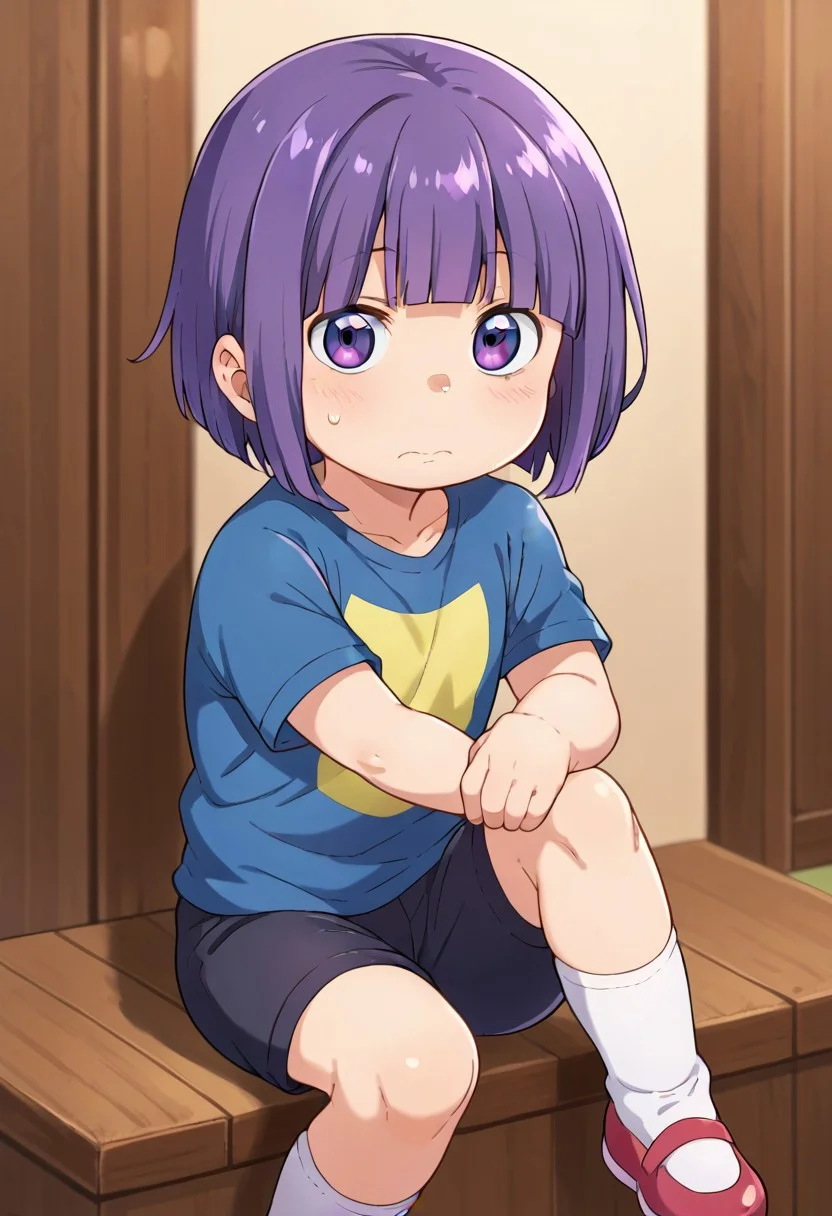 (zPDXL3), 
(zPDXLxxx), 
1boy, 
Shouta Magatsuchi, 
magatsuchi_shouta, 
purple eyes, 
purple hair, 
bob cut, 
blunt bangs, 
shirt, 
short pants, 
chibi, 
short stature, 
shortstack, 
slender, 
embarrassed, 
sitting, 
hugging knees. 
bust up, 
looking at viewer,