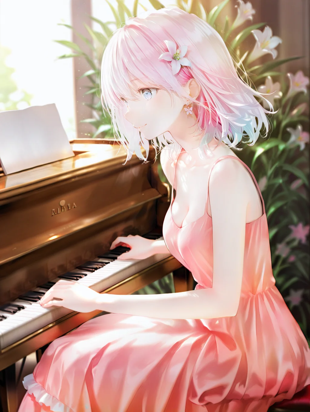 masterpiece,best quality,1girl,solo,absurdres,
1girl,backlighting,blurry,butterfly earrings,cleavage,closed mouth,collarbone,cowboy shot,depth of field,dispersion (optics),dress,earrings,frilled dress,frills,from side,lily hair ornament,instrument,jewelry,medium breasts,medium hair,music,pale skin,piano,pink dress,playing instrument,playing piano,profile,sitting,sleeveless,sleeveless dress,smile,solo,Flower hair ornament,
<lora:jizell-illV1-000018:1>,