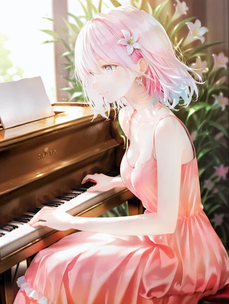 masterpiece,best quality,1girl,solo,absurdres,
1girl,backlighting,blurry,butterfly earrings,cleavage,closed mouth,collarbone,cowboy shot,depth of field,dispersion (optics),dress,earrings,frilled dress,frills,from side,lily hair ornament,instrument,jewelry,medium breasts,medium hair,music,pale skin,piano,pink dress,playing instrument,playing piano,profile,sitting,sleeveless,sleeveless dress,smile,solo,Flower hair ornament,
<lora:jizell-illV1-000018:1>,