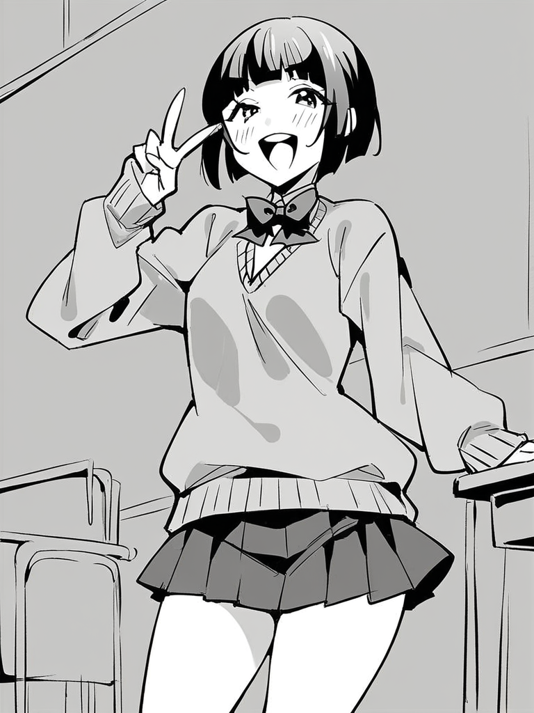 score_9, score_8_up, score_7_up,  
1girl, monochrome, black hair, short hair, blunt bangs, small breasts,

standing, smile, open mouth, looking at viewer, v, 
classroom, solo,
school uniform, sweater, bowtie, pleated skirt, short skirt, thighs,