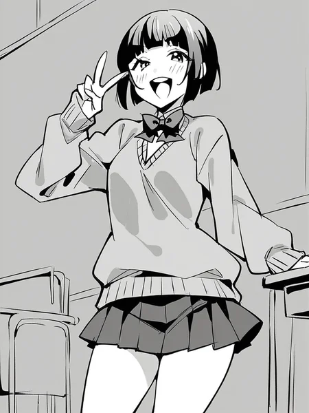 score_9, score_8_up, score_7_up,
1girl, monochrome, black hair, short hair, blunt bangs, small breasts,
standing, smile, open mouth, looking at viewer, v,
classroom, solo,
school uniform, sweater, bowtie, pleated skirt, short skirt, thighs,