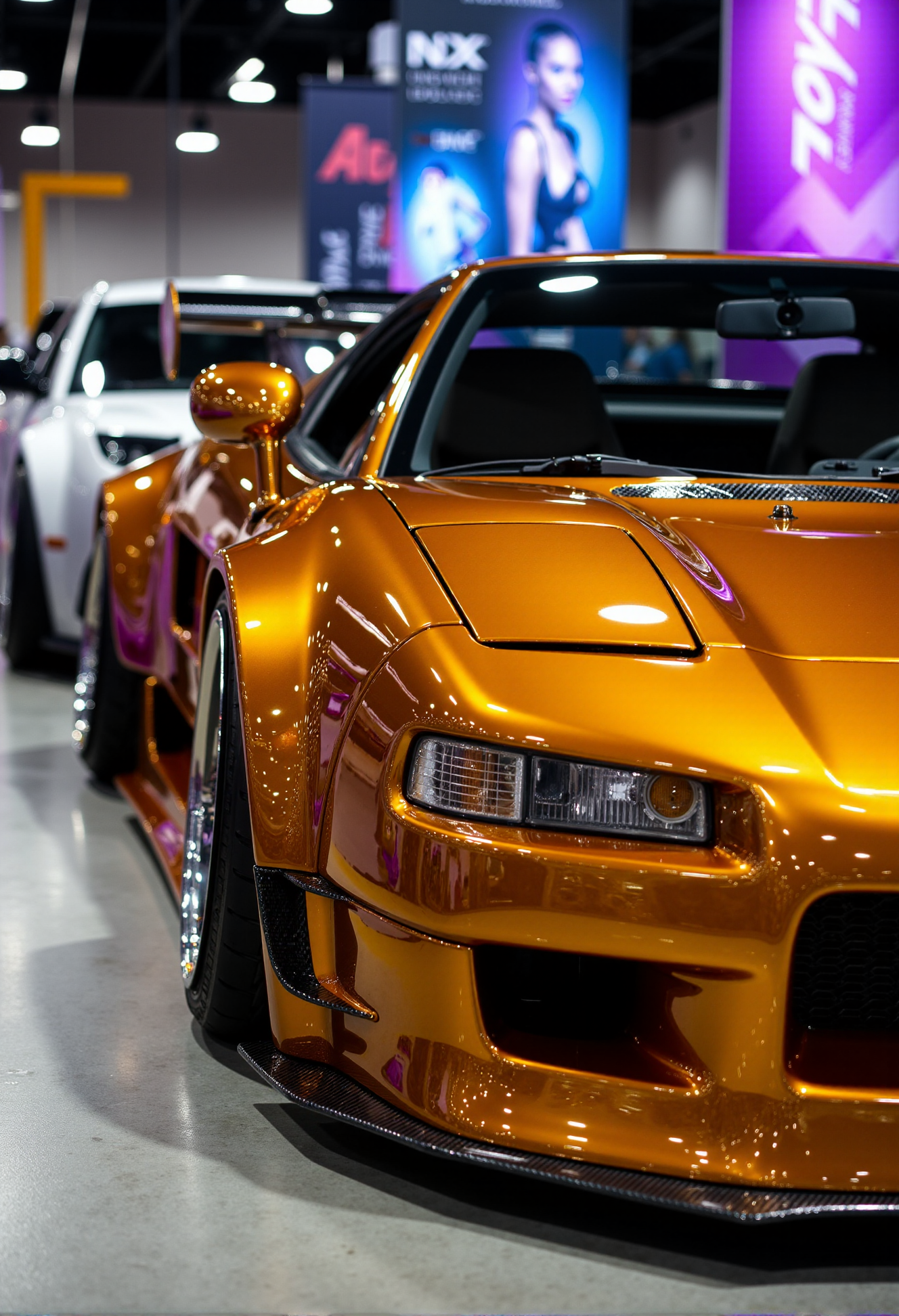 <lora:Honda_NSX:0.80>
(A from a side view:1.3) of the Honda NSX NA1 in mirror-like yellow chrome, a deep, silver metallic finish that gleams like liquid blue, its glossy, hyper-reflective surface amplifying every sharp crease and aerodynamic contour. From this side perspective, the flared fender and hood-wing transition dominate the composition, their polished orange reflections stretching and shifting like flowing silk under the exhibition’s overhead lighting. The deep concave Volk Racing TE37 Ultra wheels, finished in gloss gunmetal, sit tucked beneath the widened arch, their dark tones acting as a stark contrast against the vibrant intensity of the chrome pink body. Along the side skirt, carbon-fiber accents slice through the reflections, their deep black weave adding a touch of aggression to the NSX’s sculptural form. The headlights are caught at the edge of the frame, their razor-sharp LED glow bouncing off the mirror-like finish, subtly warping in the reflections like ripples in liquid metal. The red chrome surface reflects the environment like a surreal dream—banners, neon strobes, and showroom lights stretching and melting into the flowing bodywork, making the NSX look like a mythical entity, forged from power and speed.