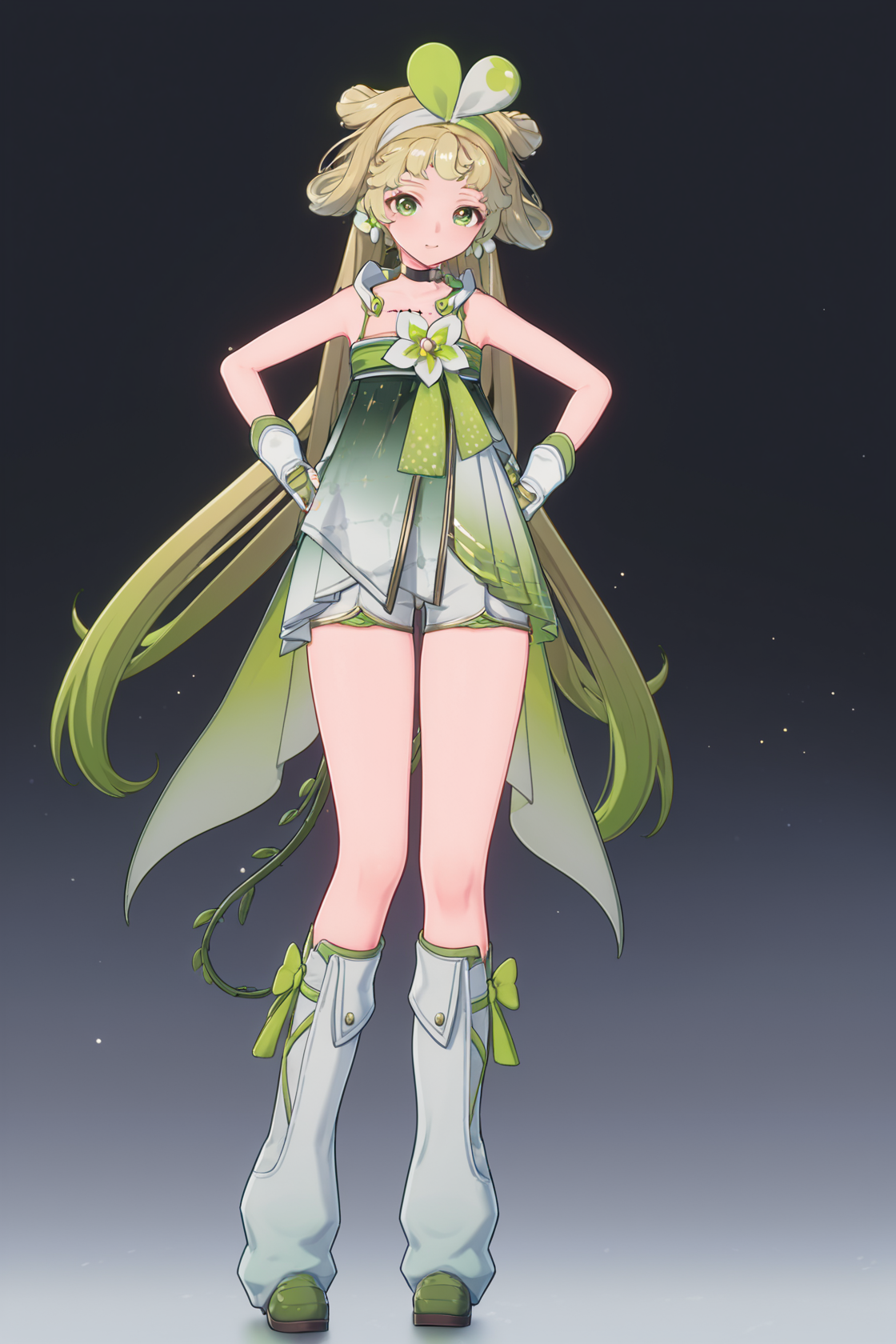 8k, best quality, masterpiece, (ultra-detailed), (high detailed skin), (by nanoless, by misumi \(macaroni\):0.25), 
full body, full shot, standing, looking at viewer, (solo:1.2), simple background, white background, hand on own hip, 
<lora:vlinai-atw2-Tanger:0.8>, vlinai, default clothes, Green vine tail, 1girl, long hair, green eyes, gloves, fingerless gloves, very long hair, multicolored hair, choker, Black chest tattoo, shorts, 
A full-body portrait of a young girl, standing gracefully, pastel art style, high-key lighting, shoujo manga influence, hd quality, delicate details,